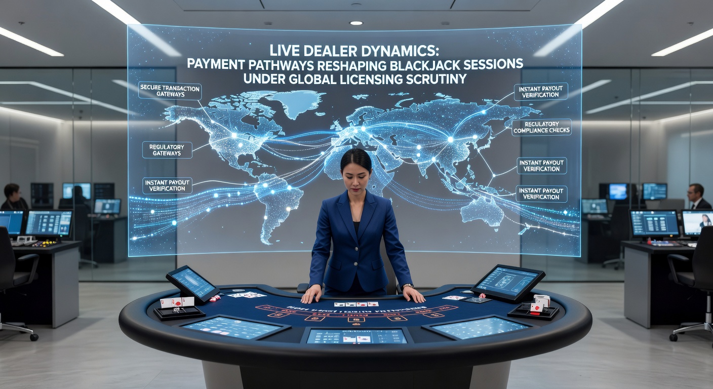 Grafik mit globalen Regulierungsikonen, Zahlungsflüssen und einem Live-Blackjack-Tisch unter Lizenz-Scan