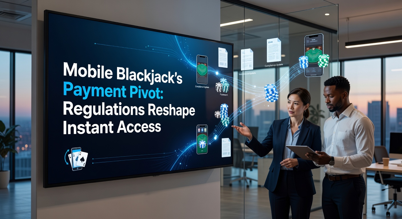 Smartphone mit Mobile-Blackjack-App und Zahlungssymbolen, die Regulierungsikonen umgeben